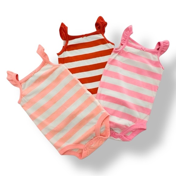 Carter’s | Candy Stripe Ruffle Rompers (9 mos) ♥️🩷🧡 - Picture 1 of 5